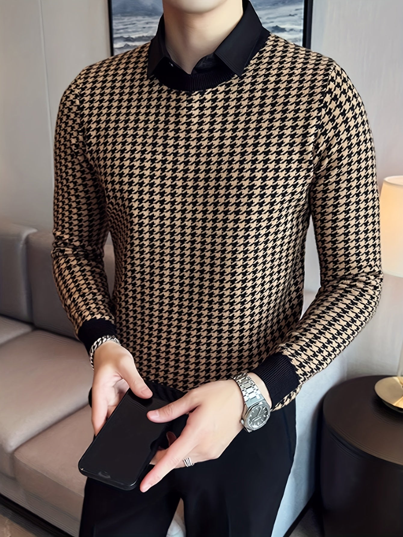 Նոր տղամարդու Houndstooth գունավոր խճճված սվիտեր, կլոր վզնոցով և երկար թևքերով ամենօրյա սվիտեր, տրիկոտաժե