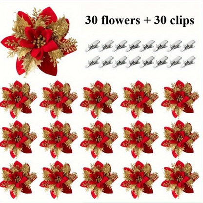 60 Shiny Flower Clips - 5.5-Inch Large Decorative Set, Suitable for Christmas, Weddings, New Year & Family Gatherings - Includes 30 Flowers & 30 Clips, Easy To Hang, Best For Christmas