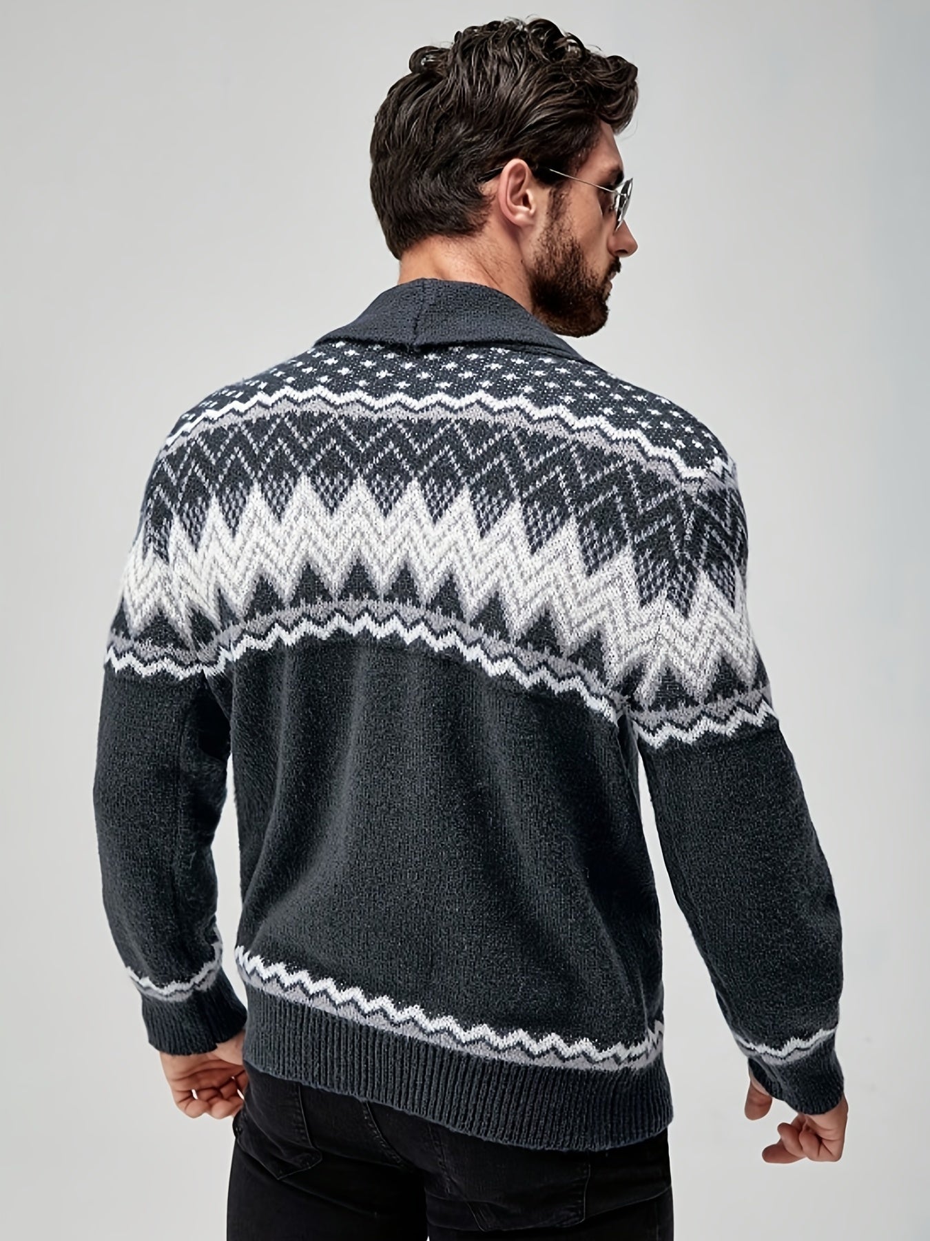 Men's Casual Geometric Pattern Cardigan Sweater - Navy Blue with White and Black Accents, Button-Up Collar, Machine Washable, Polyester for Fall/Winter