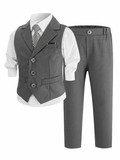 Boys' Summer Casual Dress Set with Vest, Pants & Tie