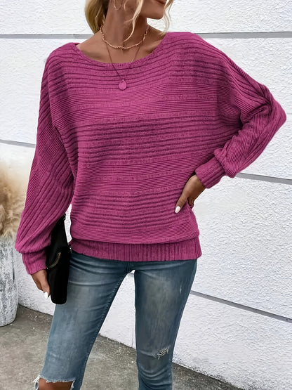 1 հատ Women'S Casual Crew Neck Knit T-shirt - պոլիեսթեր պինդ գույնի երկարաթև վերնաշապիկ գարնան/աշունի համար