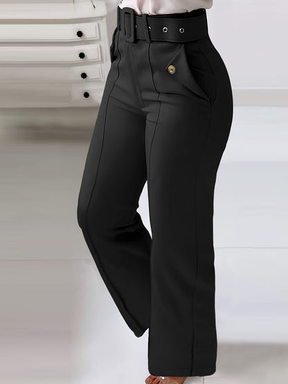 Women'S High-Waist Button-Detail Casual Straight Leg Pants, Solid Color, Polyester, with Belt, for All-Season Woven Trousers