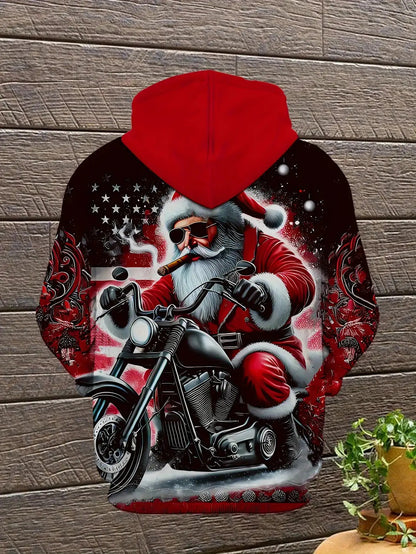 Men'S Christmas Hoodie with Santa Claus Riding Motorcycle & Reindeer Print - Warm Winter Pullover with Kangaroo Pocket, Machine Washable, Regular Fit Casual Long Sleeve Hoodie for Holiday Parties, Home Loungewear & Casual Att