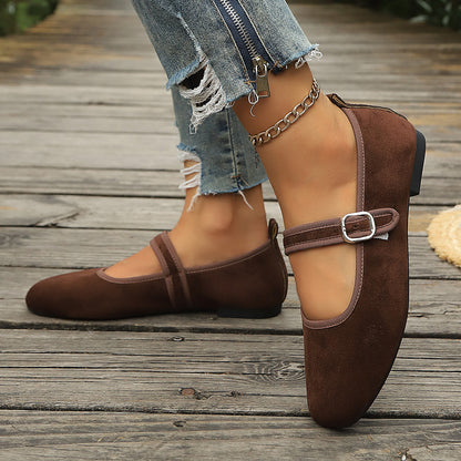 Women’s Retro Velvet Mary Jane Flats with Buckle Closure