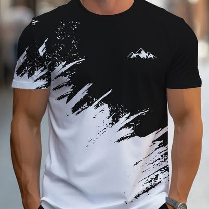 Men's Short-Sleeve T-Shirt with Bold Black  White Mountain Graphic Print - Breathable Summer Casual Tee, Regular Fit Round Neck, Hand Wash Only, Leisure Clothing, Modern Tee, Nontransparent Fabric, Daily Outfit, Creative Pat