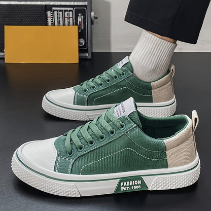Men's Breathable Canvas Sneakers - Low-Top Lace-Up Skate Shoes, Fashionable Casual & Sporty Design with Green & Beige Color Block, Non-Slip PVC Sole for Casual Attire, Outdoor Sneakers | Laceup Closure | Stylish Lowtops