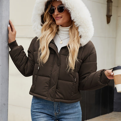 Կանացի կարճ, առօրյա, կայծակաճարմանդով, գլխարկով բաճկոն՝ արհեստական ​​մորթուց զարդանախշով - սև պոլիեսթեր, երկար թևքերով, աշնանային/ձմեռային բացօթյա հագուստ, ցուրտ եղանակի համար | Գլխարկով նորաձևություն | Փայլուն ծածկույթ