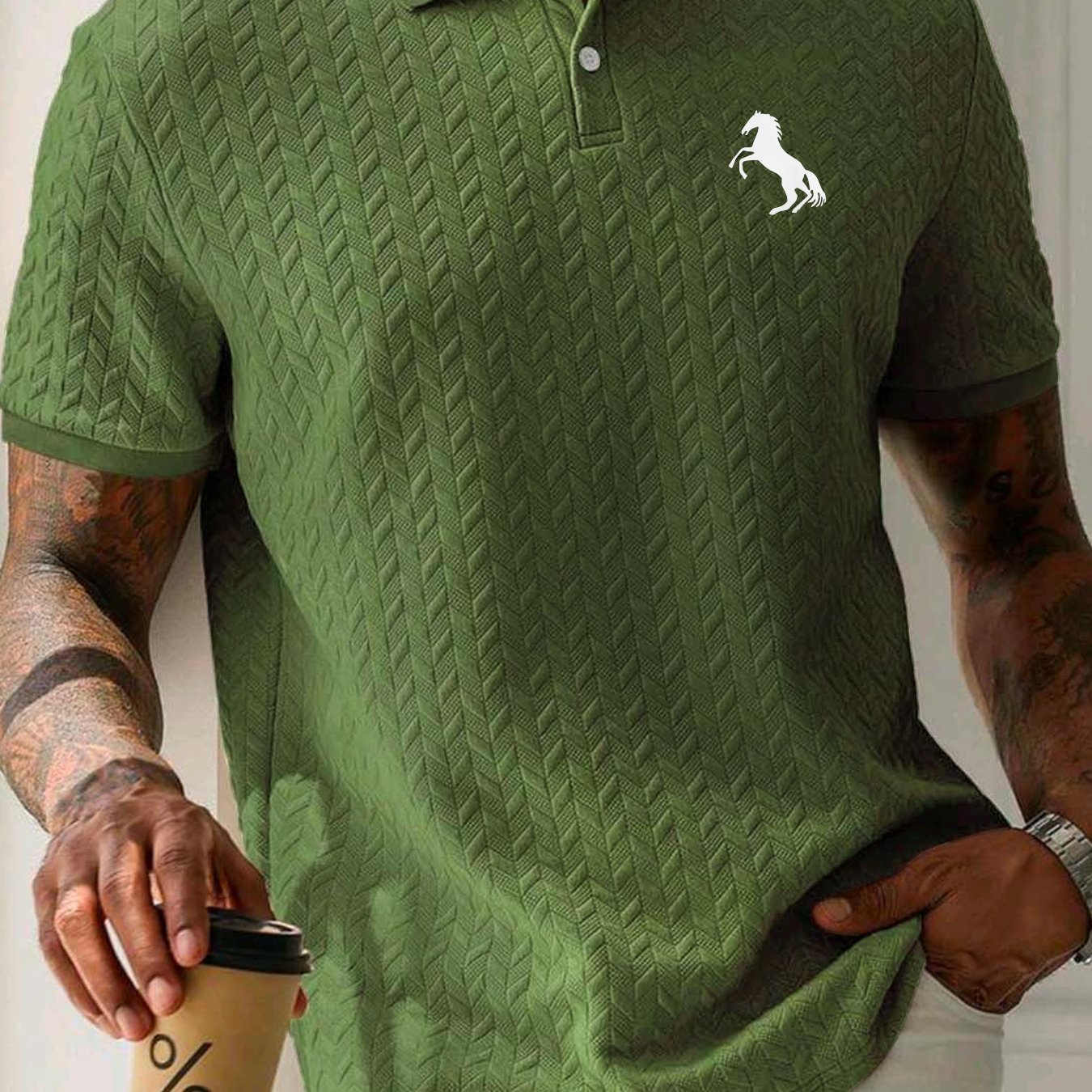 Men'S Casual Short Sleeve Knit Polo Shirt, Polyester Blend with Slight Stretch, Summer Fashion Pullover with Button Details and Print Horse Emblem
