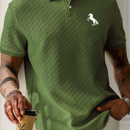 Men'S Casual Short Sleeve Knit Polo Shirt, Polyester Blend with Slight Stretch, Summer Fashion Pullover with Button Details and Print Horse Emblem