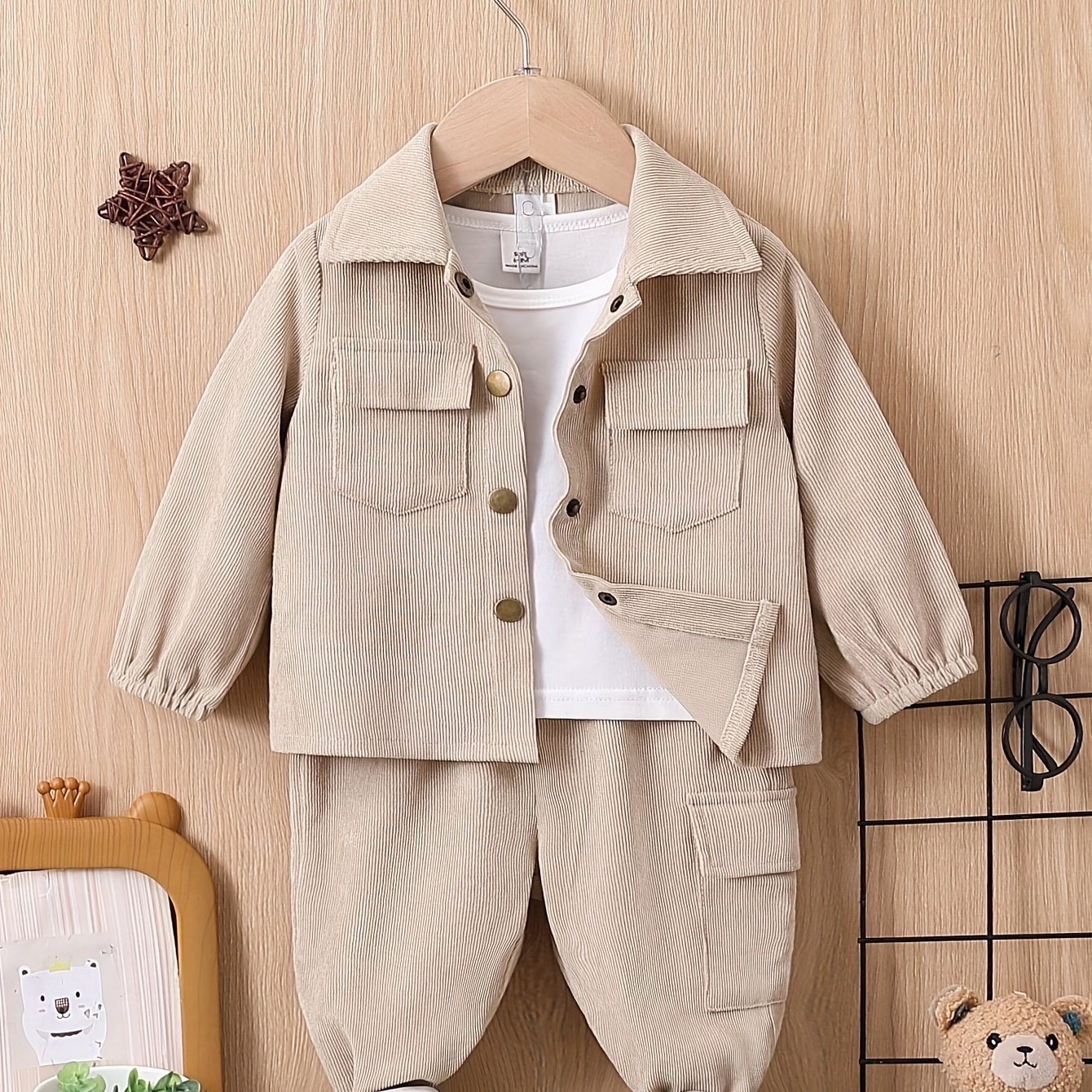 2pcs Boys' Casual Outfit Set - Light Gray Polyester Cargo Pants & Button-Up Shirt with Pockets, Machine Washable - Perfect for Fall/Winter, Autumn Toddler Outfit|Cargo Pants Outfit|Functional Pockets Design, Perfect for Outdo