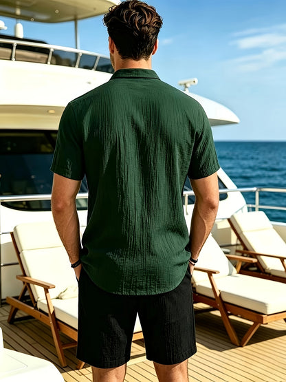 Men's Black Textured Stand Collar Short Sleeve Shirt