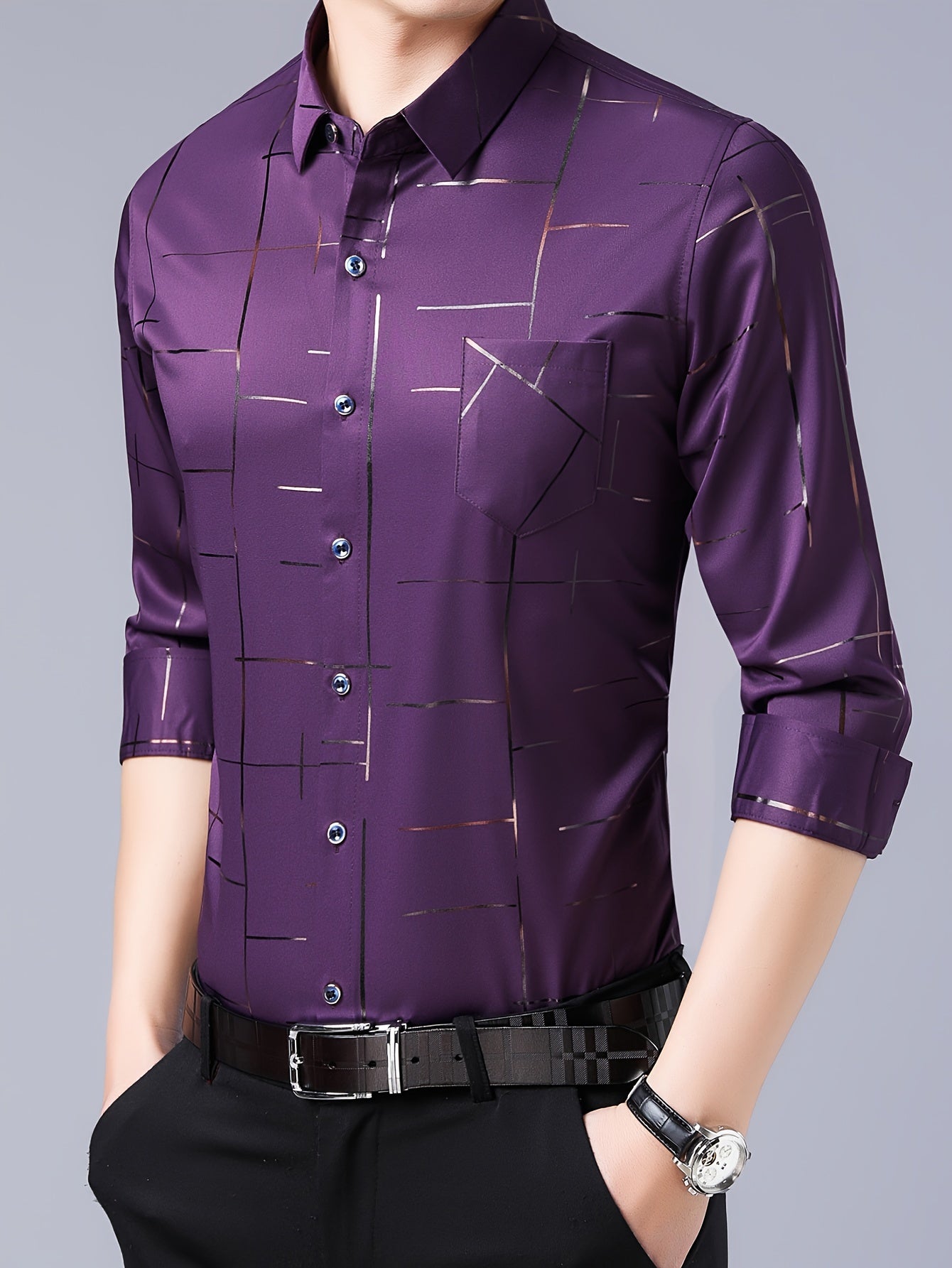 Elegant Men's Maroon Striped Long Sleeve Dress Shirt - Sophisticated Black & Golden Print, Breathable Polyester, Casual Comfort Fit with Classic Collar and Button-Up Front for Casual Attire