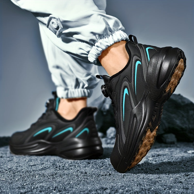 Men's Warm Fleece-Lined Casual Running Shoes - Stylish Black with Blue & Turquoise Accents, Durable Rotating Buckle Closure, Comfortable Non-Slip Sole for Hiking & Outdoor Activities, Fall/Winter
