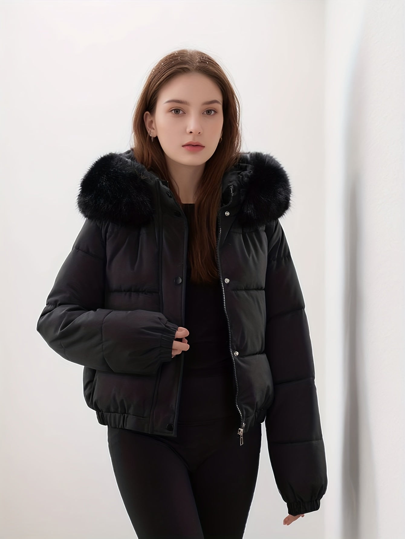 Women'S Winter Coat with Removable Faux Fur Hood - Thickened Loose Fit Long Sleeve Jacket, Zippered Pockets & Button Front, Casual Solid Color Outerwear for Cold Weather, Cozy Warmth, Buttoned Closure, Durable Fabric