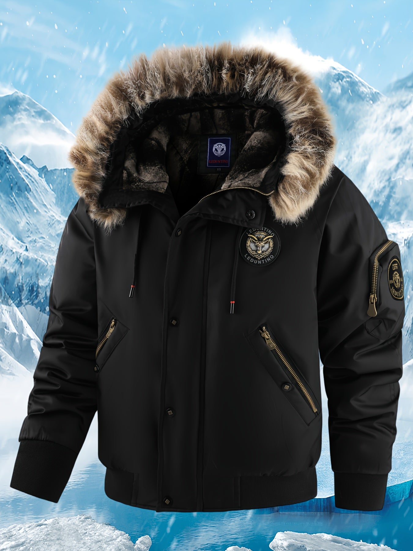 Տղամարդու ձմեռային վերարկու - նոր տաք, գլխարկով բաճկոն՝ ոսկեգույն նախշերով, ազատ չափսի, ցուրտ եղանակի համար նախատեսված ամենօրյա վերնազգեստ, լվացքի մեքենայով լվացվող, հաստ, հարմարավետ փափուկ աստառով