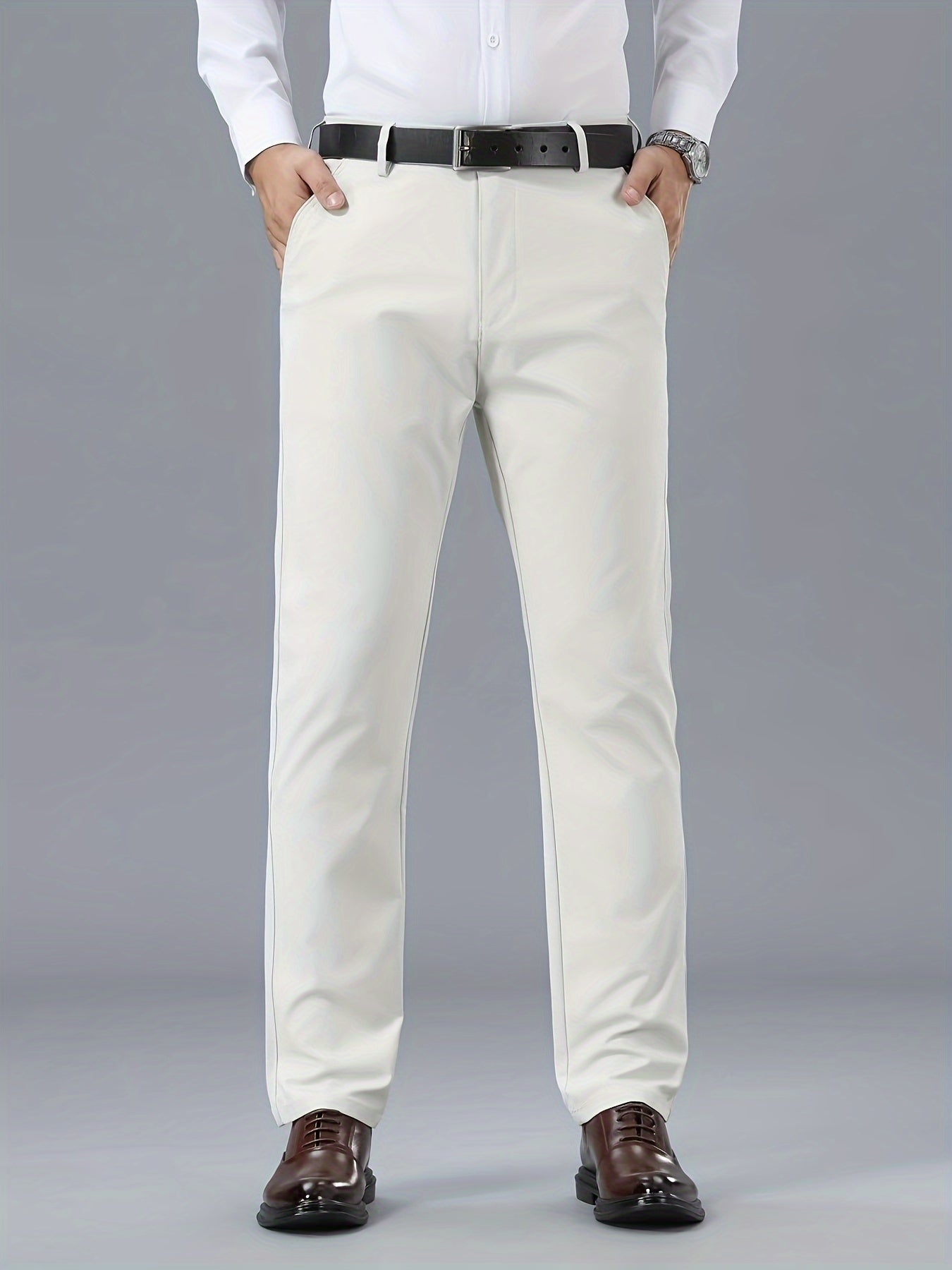 Men's Classic Business Casual Pants - Polyester, Solid Color, Regular Fit for All Seasons