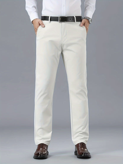 Men's Classic Business Casual Pants - Polyester, Solid Color, Regular Fit for All Seasons