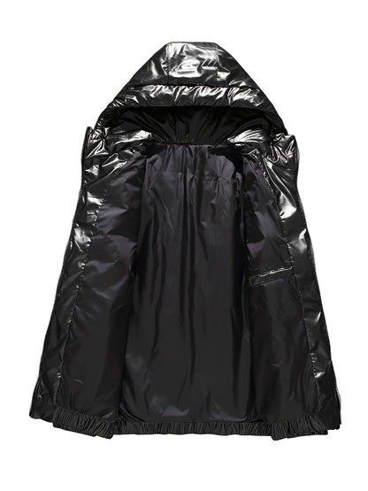 Men'S Winter Coat - Glossy Black Cold Weather Jacket, Non-Stretch Outer Shell, Zippered Pockets & Hooded Design for Formal & Everyday Use - Insulated Outerwear for Everyday & Special Occasions, Winter Jacket, Sleek Appearance