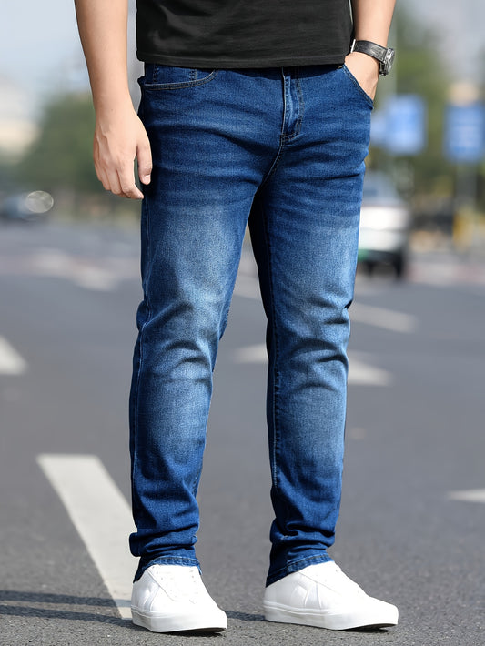Men's Washed Jeans - Solid Color Casual Straight-Look Pants, Machine-Washable All-Season Fit for Casual Attire & Smart-Casual Outfits (Regular Length) - ayq