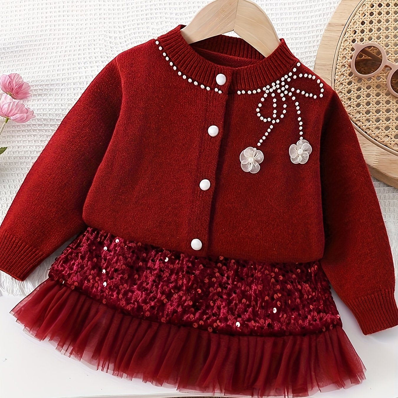 2pcs Girls' Elegant Sequin Trim Sweater & Sparkle Tulle Tutu Skirt Set - Red & Golden Glittery Party Outfit with Ruffled Hem, Long Sleeve Round Neck Top & Layered Tulle, Perfect For Halloween, Christmas, Photo Shoots, Pageant