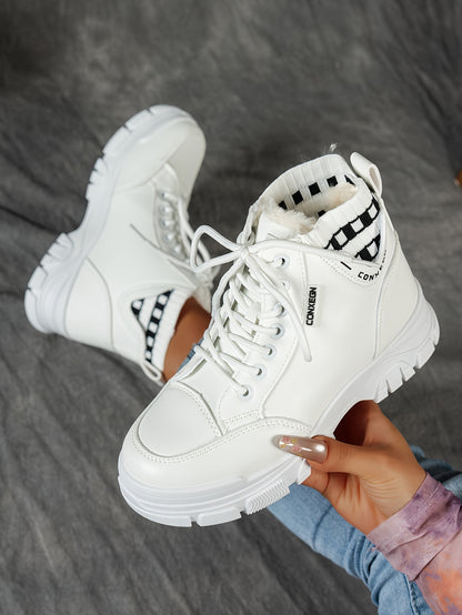 gfhfgjjfg Women's Casual High-Top Platform Ankle Boots with Lace-Up Closure, Thick Rubber Sole & Faux Cover Upper - Winter Warm Round Toe Boots for Casual Attire (Black/White/Beige), Comfortable Footwear, Durable Traction Foo