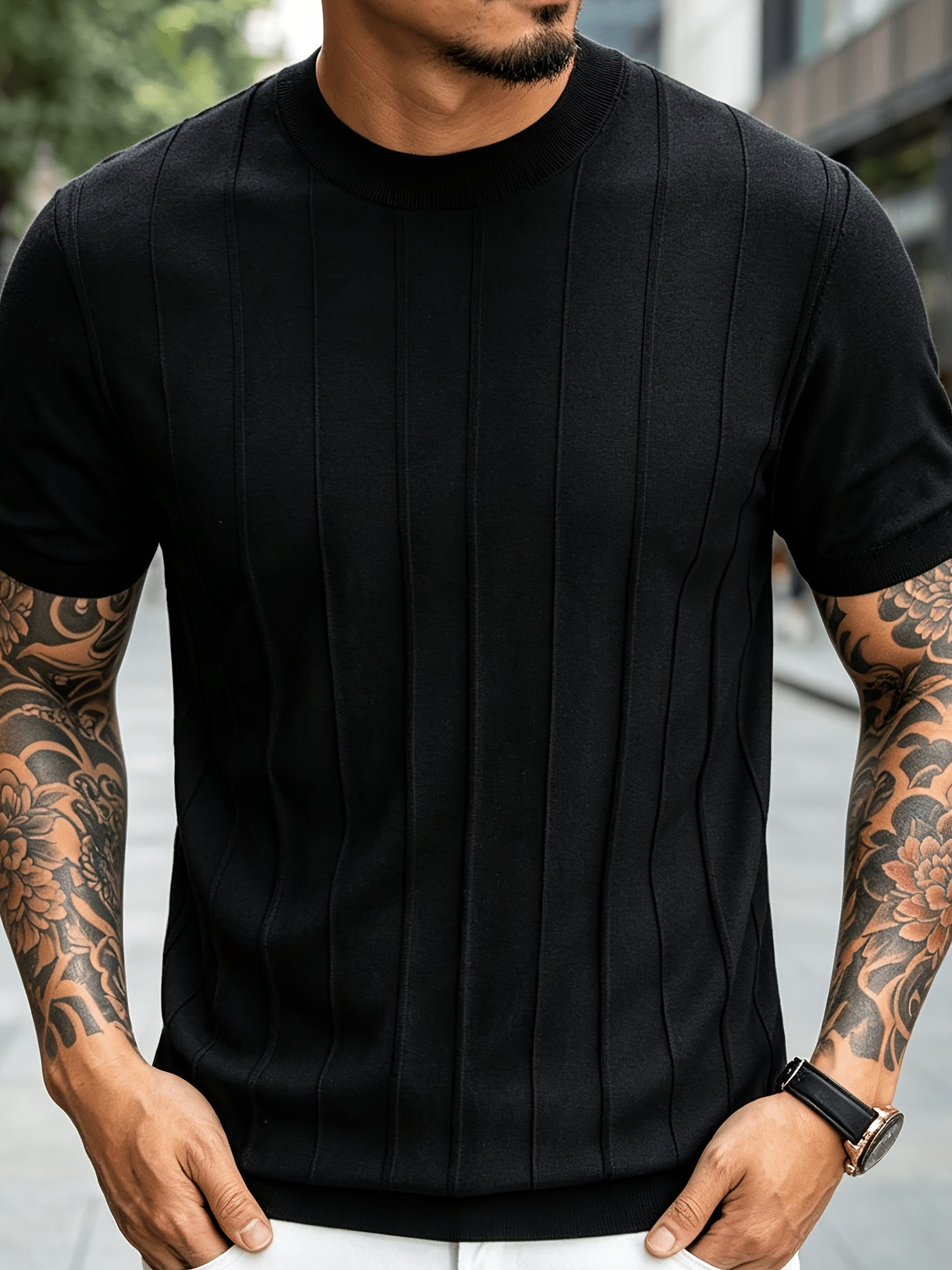 Men's Summer Slim Fit Rib Knit Crew Neck Short Sleeve Top