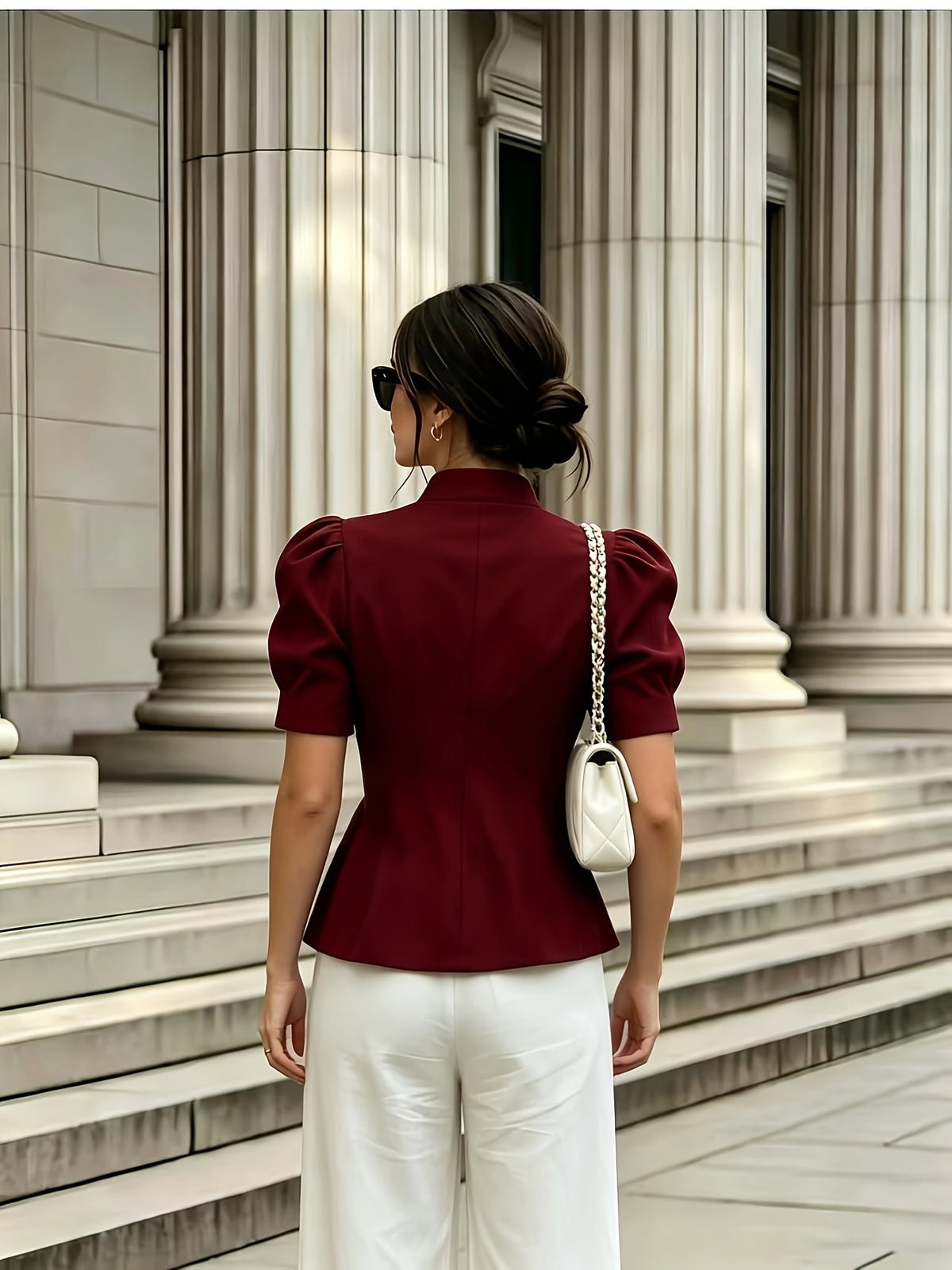 Elegant Women's Solid Color Puff Sleeve Short Jacket - ayq