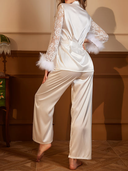 Women's Long Pajama Set with Contrast Lace and Fuzzy Sleeves in White