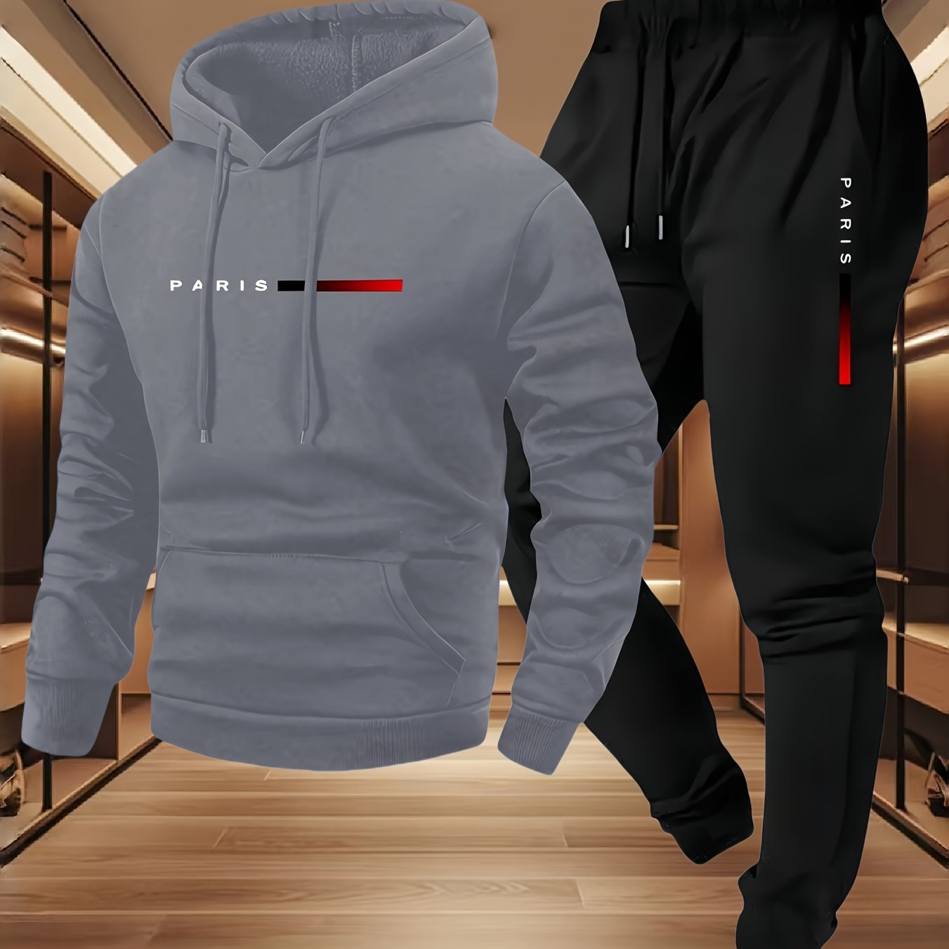 Halloween Men'S Hoodie with PARIS Lettering And Drawstring Sweatpants Set, a Must-Have Outfit for Autumn And Winter, Perfect for Everyday Outdoor Wear - ayq