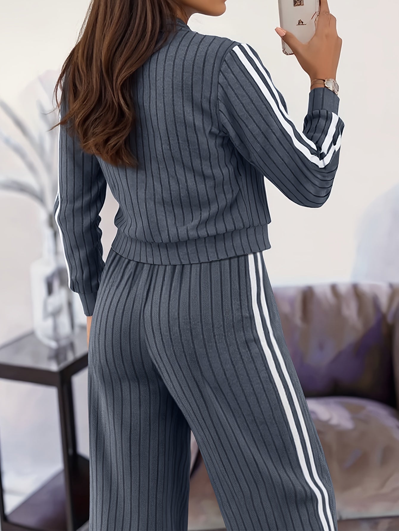 Women'S Stylish Casual Zip-Up Round Neck Ribbed Cardigan with Loose Straight Pants, a Two-Piece Casual Outfit - ayq