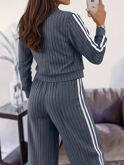 Women'S Stylish Casual Zip-Up Round Neck Ribbed Cardigan with Loose Straight Pants, a Two-Piece Casual Outfit - ayq