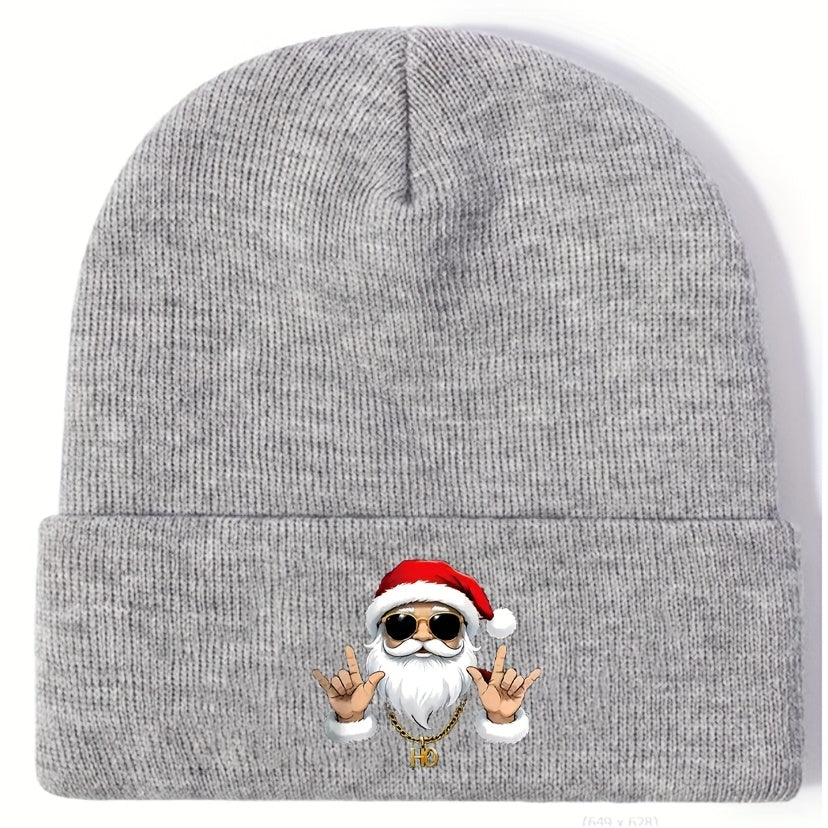 Men's Retro Santa Claus Print Beanie Hat - Red & White Christmas Knit Cap with Iconic Santa Face, Golden Ho Ho Ho Logo-like Charm, Stretchy Warm Winter Cap for Holiday Parties, New Year's & Casual Wear (Hand Washable)