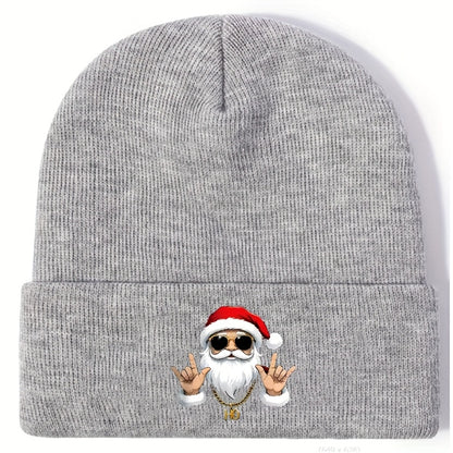 Men's Retro Santa Claus Print Beanie Hat - Red & White Christmas Knit Cap with Iconic Santa Face, Golden Ho Ho Ho Logo-like Charm, Stretchy Warm Winter Cap for Holiday Parties, New Year's & Casual Wear (Hand Washable)
