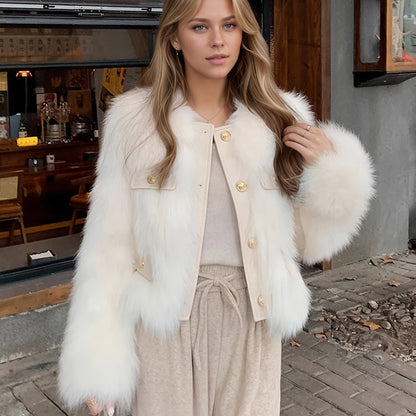 Women'S Elegant Faux Fur Coat - Chic Long Sleeve, Button-Up Front, Loose Fit, Solid Color, Perfect for Fall/Winter Casual Outings, Stylish Outerwear | Chic Long Sleeve | Sleek Design, Fur Coat For Women Winter, Fur Coat Women