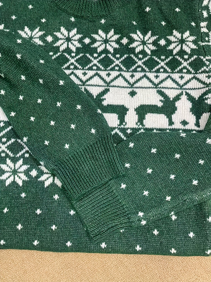 Women'S Christmas Reindeer Print Sweater Dress - Long Sleeve, Round Neck, Ribbed Texture, Green & Holiday Party Outfit, Perfect for Festive Gatherings