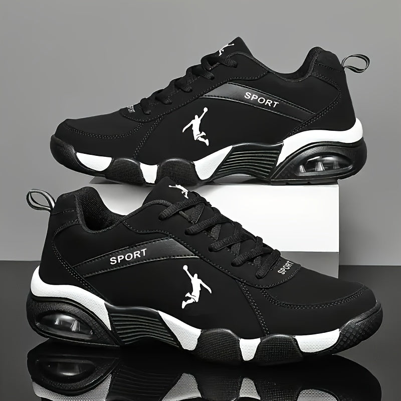 Unisex Low-Top Sneakers with Breathable Mesh & Air Cushion Technology - Comfortable Lace-Up Casual Shoes for Running, Walking, Training - Black & White Design, Synthetic Synthetic Faux Upper, Fabric Lining, All-Season Wear, R - ayq