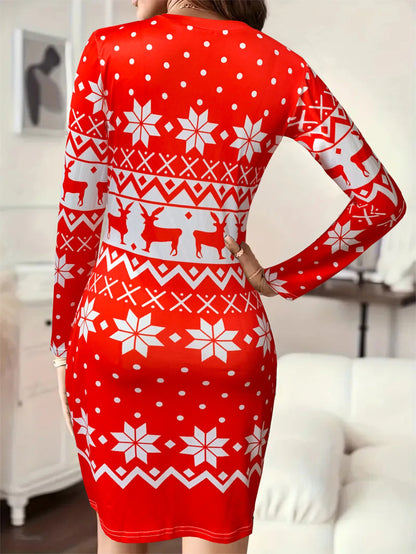 Christmas Deer Print Bodycon Dress, Casual Crew Neck Long Sleeve Mini Dress, Women's Clothing