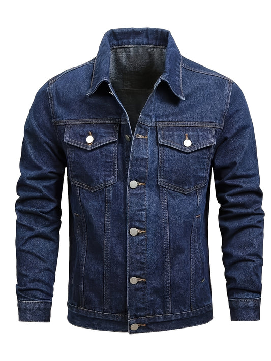 1pc Men'S Casual Denim Jacket, 80% Cotton 20% Polyester, Solid Color, Lapel Collar, Non-Stretch Woven Fabric, Regular Fit with Pockets