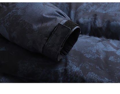 Men's Winter Jacket Windproof Coat with Stand Collar & Camo Marbled Pattern (Black/White/Grey) - Thickened Padded, Full-Zip Closure, for Skiing,, Outdoor Activities - Cold Weather Survival