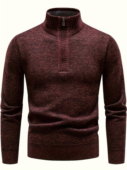 Men's Fleece-Lined Warm Knit Sweater - Autumn/Winter, Solid Color with Stand Collar & Short Zipper Placket, Long Sleeve, Polyester - Ideal for Hiking, Cycling & Casual Attire, Winter Sweater