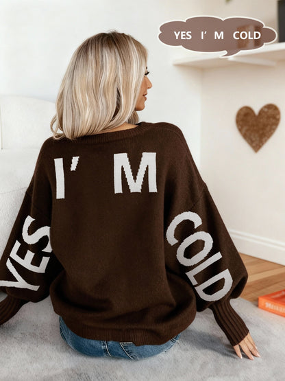 Autumn/Winter New Arrival Niche Cardigan for Women, Lazy Style Sweater Top with Wine Red and Coffee Color Letter Print, Round Neck Pullover with Designer Pattern, Casual Elegant Winter Top, Urban Commute Basic Versatile Style