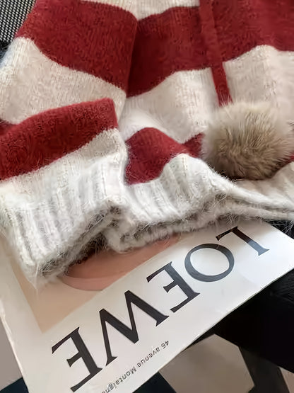 Women's Burgundy & Striped Hooded Sweater - Winter Warm Korean-Style Oversized Sweater Vest-like Pullover with Hood, Soft Sweater Jacket for Fall/Winter Layering (Machine Washable) - Elegant Casual Outerwear