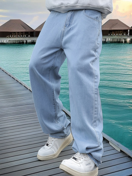 Men's Loose Solid Denim Pants With Pockets, Causal Cotton Blend Jeans For Outdoor Activities