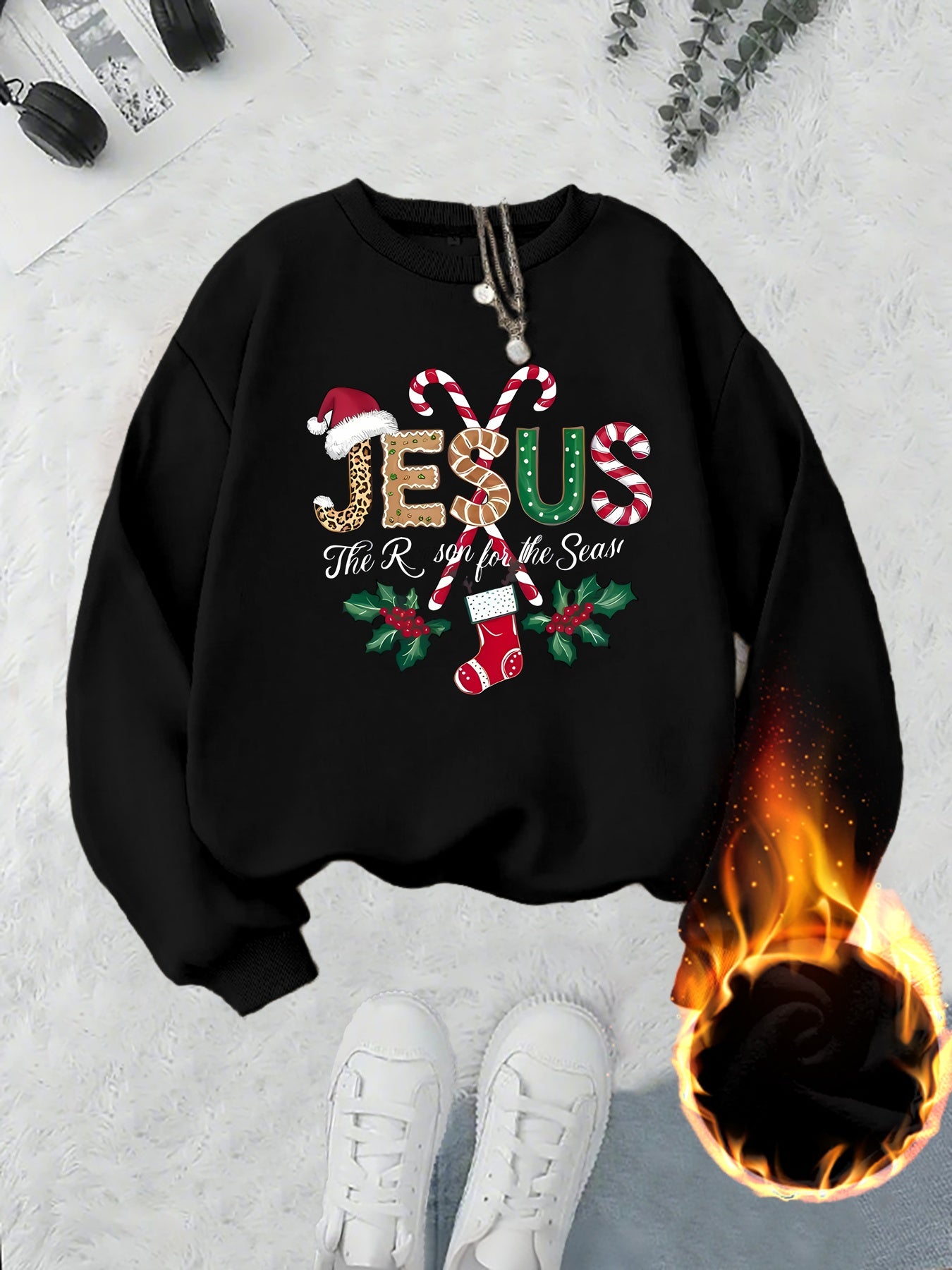 Women's Fleece-Lined Round Neck Pullover Sweatshirt - "JESUS" Christmas Print, Comfortable Loose Fit for All Seasons, Festive Holiday Design Casual Top