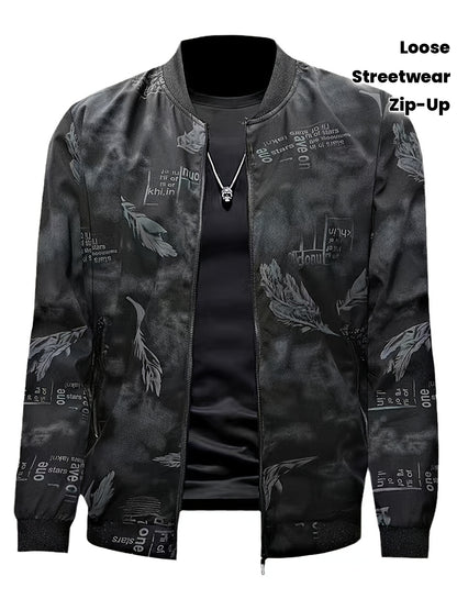 Men'S Lightweight Preppy Bomber Jacket with Feather & Star Print, Stand Collar, Zip-Up, Loose Fit, Polyester Lining, Casual Streetwear Style, Casual Outerwear | Star Pattern Jacket | Zippered Jacket