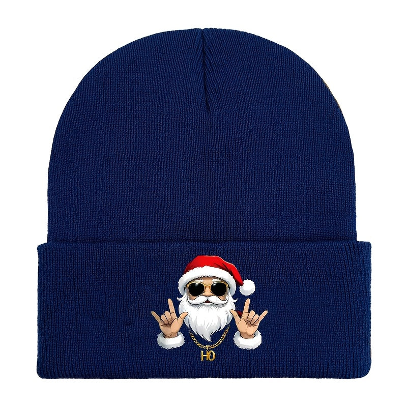 Men's Retro Santa Claus Print Beanie Hat - Red & White Christmas Knit Cap with Iconic Santa Face, Golden Ho Ho Ho Logo-like Charm, Stretchy Warm Winter Cap for Holiday Parties, New Year's & Casual Wear (Hand Washable)