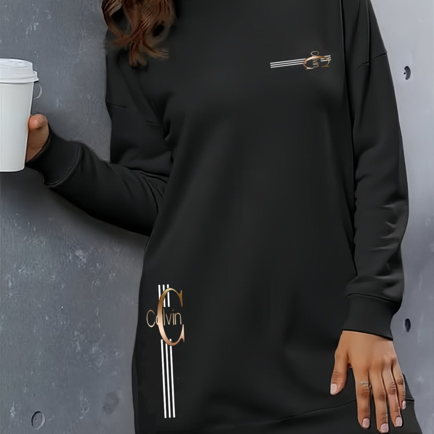 Կանացի էլեգանտ տառերով տպագիր գլխարկով սվիտեր - հաստ բրդյա աստառով երկար զգեստ՝ ոսկեգույն գրվածքով և ոսկեգույն գրվածքով, առջևի կայծակաճարմանդով փակվող, բոլոր եղանակների համար նախատեսված առօրյա էլեգանտ սվիտեր, գեղեցիկ վերնաշապիկ