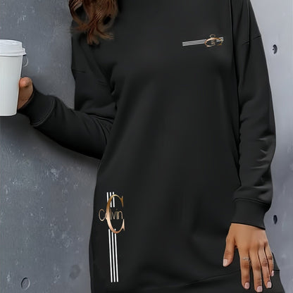 Կանացի էլեգանտ տառերով տպագիր գլխարկով սվիտեր - հաստ բրդյա աստառով երկար զգեստ՝ ոսկեգույն գրվածքով և ոսկեգույն գրվածքով, առջևի կայծակաճարմանդով փակվող, բոլոր եղանակների համար նախատեսված առօրյա էլեգանտ սվիտեր, գեղեցիկ վերնաշապիկ