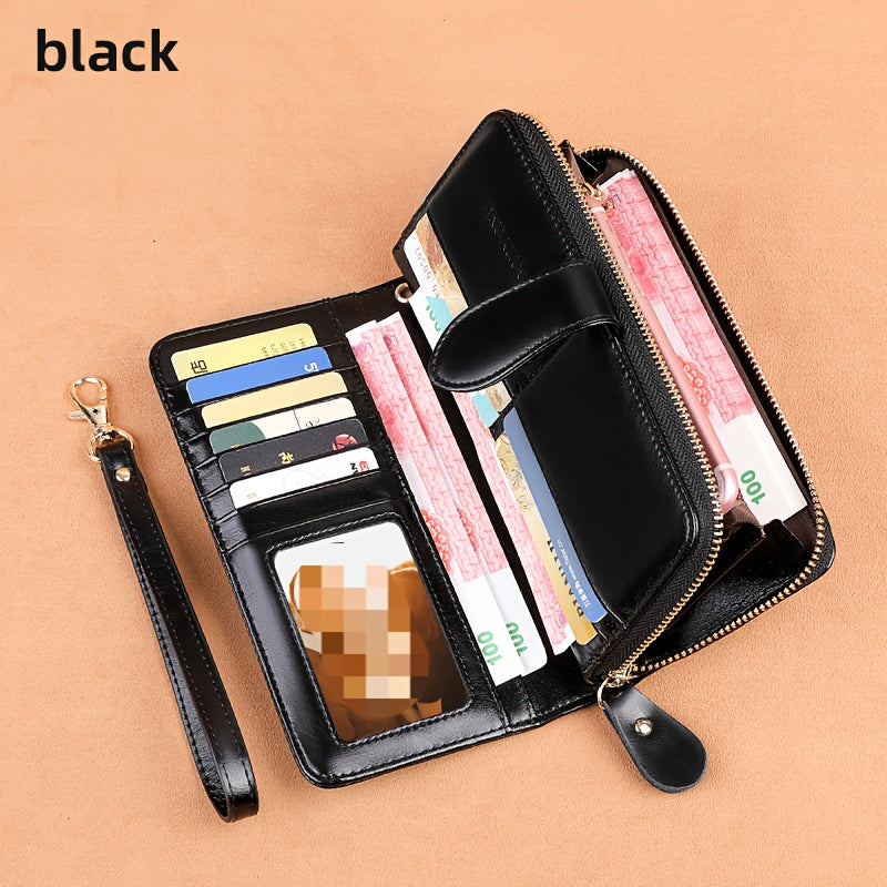 Two-Layer Cowhide Leather Clutch Wallet for Men & Women, Casual Large Capacity RFID Blocking Zippered Hand Purse with Transparent ID Slot and Anti-Theft Brush, Versatile for Going Out