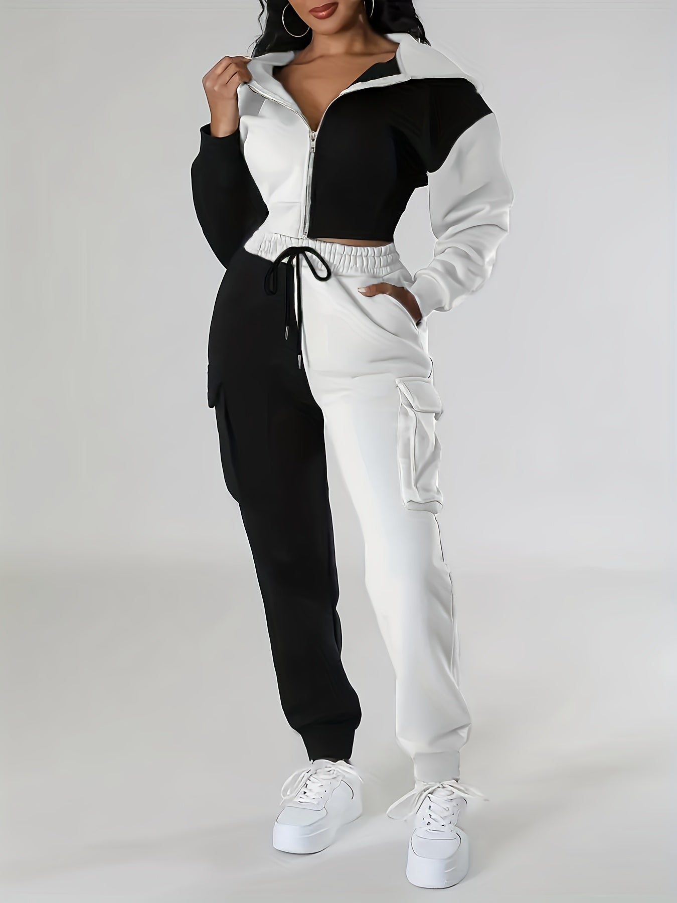 Women's Color-Block Hooded Casual Set for Fall Winter